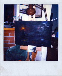 L.V. Hogue working on a painting, in his home.